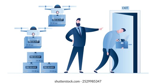 Drones de reparto con cajas. Nueva tecnología de transporte. Empresario despedido repartidor. Jefe despide a empleado masculino o mensajero. La inteligencia artificial y el transporte del futuro reemplazaron al Vector humano.