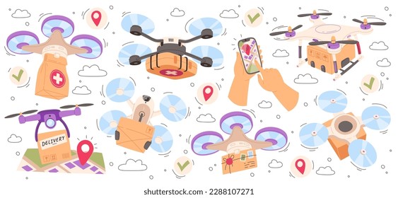 Delivery drones flat icons set. Shipping medicines, parcel and letters. Express shipping cargo. Gadget wireless control. Modern delivery technology. Color isolated illustration