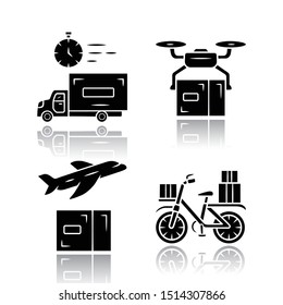 Delivery drop shadow black glyph icons set. Freight shipping service. Drone, plane, bicycle delivery. Logistics and distribution. Cargo transportation. Isolated vector illustrations