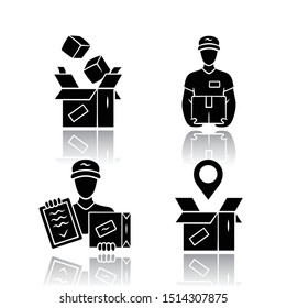 Delivery drop shadow black glyph icons set. Parcel packing, deliveryman, courier, order shipping and tracking. Shipment service. Logistics and distribution. Isolated vector illustrations