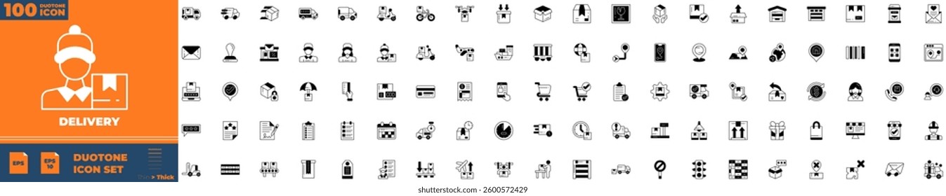 Delivery Duotone Editable Icons set. Vector illustration in modern thin duotone style of delivery icons: distribution, shipping, transportation, etc