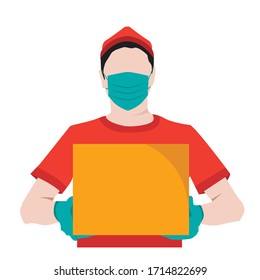 Delivery of during the prevention of Covid-19. Courier in a face mask with a box in his hands