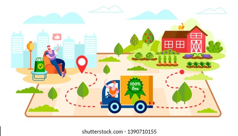 Delivery of Eco Production from Farm Directly to Customer Using Mobile App in Smartphone. Man Ordering Organic Food at Home Using Gadget. Healthy Ecological Nutrition, Cartoon Flat Vector Illustration