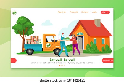 Delivery eco shop, online landing grocery service for vegetable product vector illustration. Customer shopping choose, store truck at site page. Company courier and client near house.