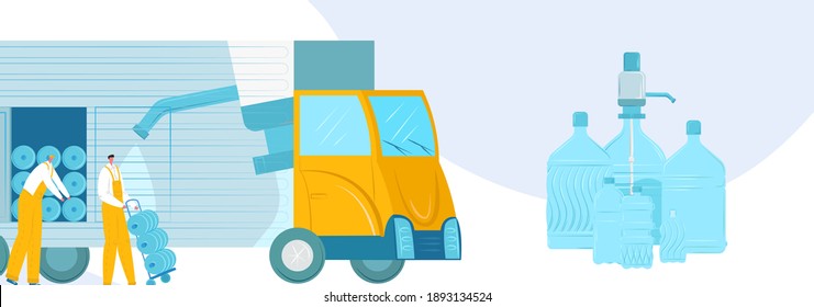 Delivery ecology organic fresh clean drinking water, male character load water bottle flat vector illustration, isolated on white. Concept aquatic purification, truck express supply.