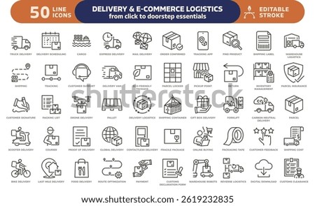 Delivery and E-commerce logistics icon set. Thin line editable stroke icons. Online shopping, shipping, tracking, courier services, warehouse, payment, customs, transportation, supply chain operations
