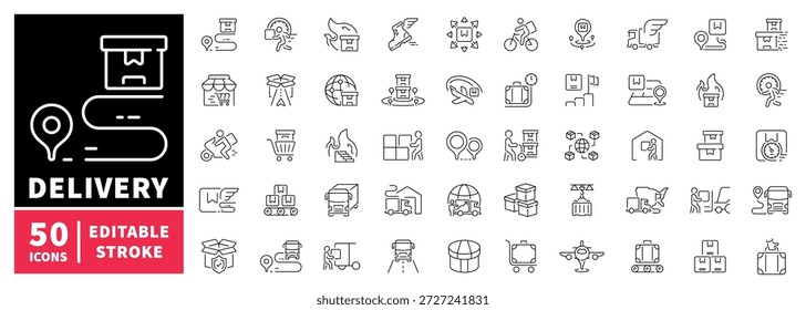 Lieferung editierbare Linie Symbole gesetzt. Versandkosten- und Kuriersymbole im Umrissstil