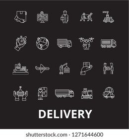 Delivery editable line icons vector set on black background. Delivery white outline illustrations, signs, symbols