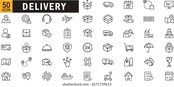 Conjunto de iconos de esquema editable de entrega. Envío, mensajero, paquete, logística, transporte, paquete, seguimiento y más
