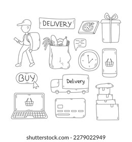 Delivery elements doodle set. Hand drawn sketch style collection with vector online shopping symbols - computer, smartphone, courier, products, truck, clock, boxes