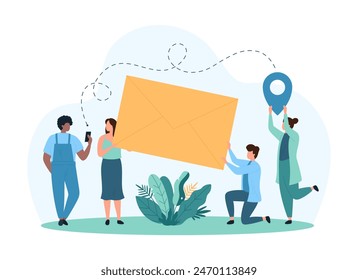 Delivery of emails, marketing and subscription letters, newsletters to mail inbox. Tiny people holding paper envelope with message and document, writing and receiving SMS cartoon vector illustration