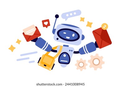 Delivery of emails and SMS, newsletters with AI service. Friendly robot postman in hurry to deliver envelopes with unread message counter, reminder of new letters cartoon vector illustration