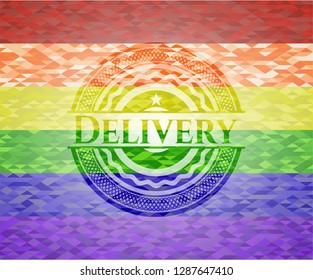 Delivery emblem on mosaic background with the colors of the LGBT flag