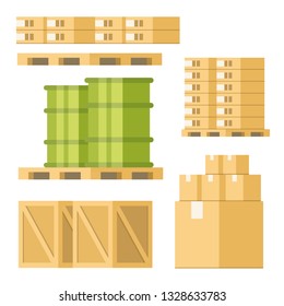 Delivery Equipment Box Barrel Pallet Tray Set. Closed Brown Cardboard and Wooden Package in Various Size with Barcode, Green Tank on Tray. Warehouse Transportation. Flat Cartoon Vector Illustration
