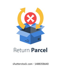 Delivery error, receive messed up shopping order, send back purchase, return mail box, fast exchange, damaged parcel replacement, vector flat illustration