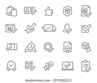 Delivery Essentials Icons. Editable vector icon set- shopping bag, ID, like, calendar, shield, delivery, certificate.