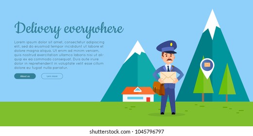 Delivery everywhere cartoon web banner. Postman in uniform with mailbag holding envelope on mountain landscape background flat vector illustration. Horizontal concept for post company landing page