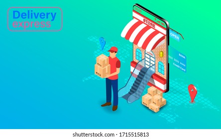 Delivery express by parcel delivery person on mobile application with GPS. Online food order and package in E-commerce by website. isometric flat design. Vector illustration