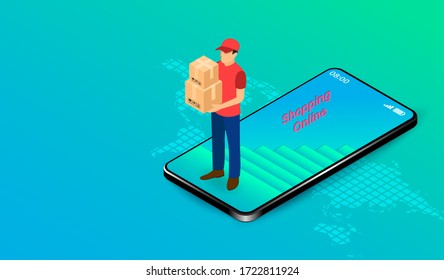 Delivery express by parcel delivery person on mobile application with GPS. Online food order and package in E-commerce by website. isometric flat design. Vector illustration
