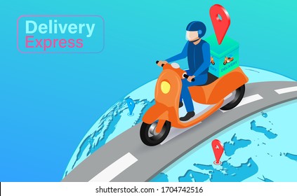 Auslieferung per Roller auf Global mit System GPS. Online-Bestellung und Paket im E-Commerce nach Anwendung. isometrisches Flachdesign. Vektorillustration