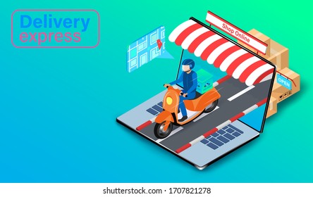 Delivery express by scooter on computer laptop with GPS. Online food order and package in E-commerce by website. isometric flat design. Vector illustration