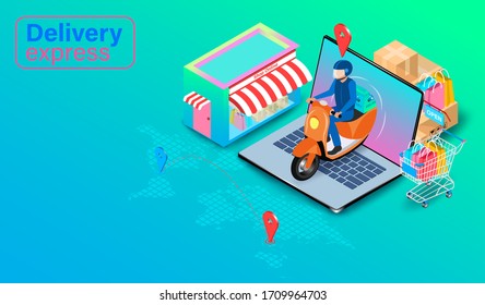 Delivery express by scooter on computer laptop with GPS. Online food order and package in E-commerce by website global. isometric flat design. Vector illustration