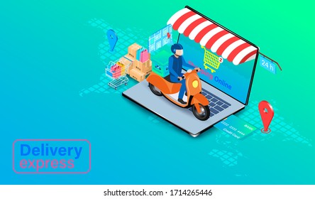 delivery express by scooter on computer laptop. Online food order and package in E-commerce by app. isometric flat design. Vector illustration