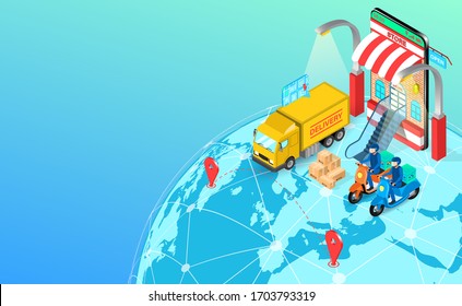 Delivery express by scooter and truck on global with mobile GPS. Online food order and package in E-commerce by application. isometric flat design. Vector illustration