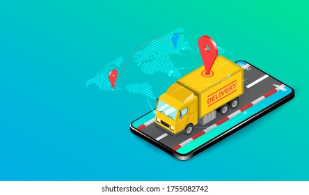 Delivery express by truck with by E-Commerce system on Smartphone. sometric flat design. Vector illustration