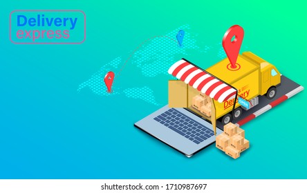 Delivery express by truck on computer laptop with GPS. Online food order and package in E-commerce by website global. isometric flat design. Vector illustration