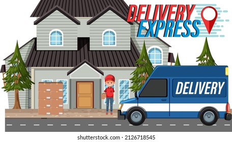 Logotipo de entrega Express con la ilustración de paquetes de envío por correo