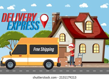 Delivery Express logotype with courier delivering packages illustration