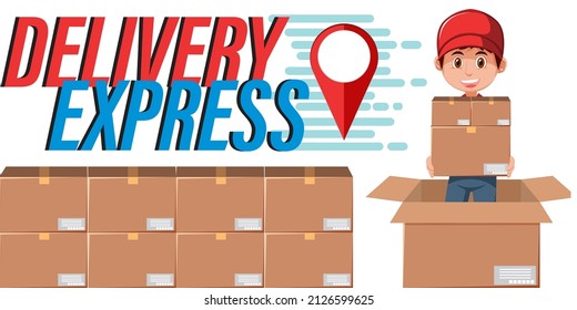Delivery Express logotype with courier holding packages illustration