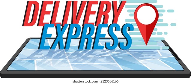 Logotipo de entrega Express con pin de ubicación en la ilustración de smartphone