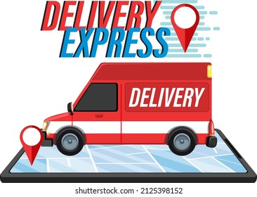 Delivery Express logotype with panel van and location pin illustration