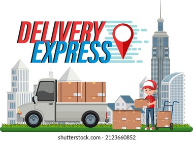 Delivery Express logotype with delivery pickup and courier illustration