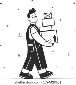 Entrega. Exprés hombre de correos, portador con cajas de cartón. Objeto de esbozo aislado. Ilustración vectorial plana