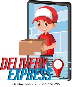 Delivery Express wordmark with courier on smartphone display illustration