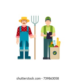 Delivery Of Farm Products And Farmer With A Pitchfork . Paper Package With Fresh Healthy Produce. Organic Products From The Farm. Vector Flat Design Illustration