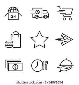 Delivery Fast Food, Shipping Pizza icons. Thin line Icons Set consisting of 24 hours, Fast delivery, Shopping cart, Burger, Fast food, Drink, Pizza, Payment, Time, Hand, Food. Outline Delivery icons