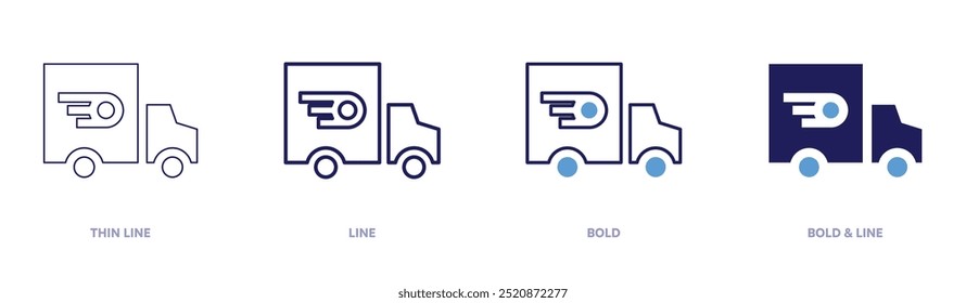 Delivery fast icon in 4 different styles. Thin Line, Line, Bold, and Bold Line. Duotone style. Editable stroke.