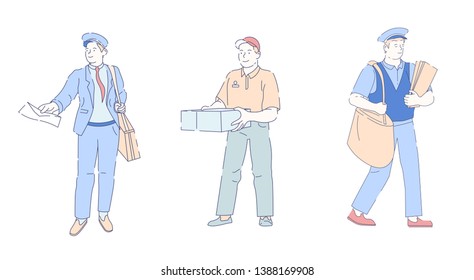 Delivery fast service postman with bag and letter envelope vector mailman or post officer in uniform and cap carrying correspondence and mail or post profession and job isolated male character.
