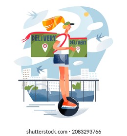 Ilustración vectorial de servicio rápido de entrega. Caricatura de chica mensajera montando uniciclo eléctrico, joven mujer sosteniendo cajas de contenedores de la tienda de comestibles o pedido de comida en línea aislado en blanco