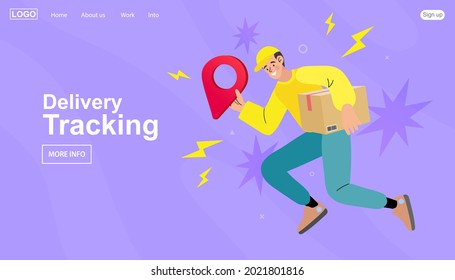 Delivery fast and speed template. Vector illustration of running courier with a package. Hurrying the man with a box in hand. courier worker with pin location of logistic service. vector