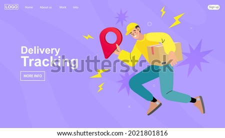 Delivery fast and speed template. Vector illustration of running courier with a package. Hurrying the man with a box in hand. courier worker with pin location of logistic service. vector