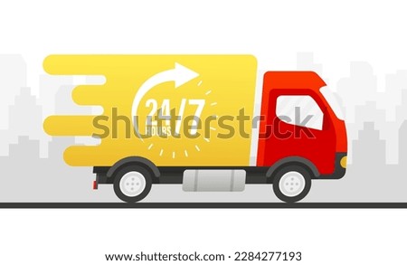 Delivery of fast delivery truck with times. Online delivery service. Fast moving. 24-7 service concept. 24-7 express delivery concept. Vector illustration