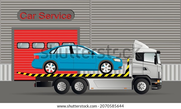 Delivery of a faulty car by a tow truck to\
a car service. Flat vector\
illustration.