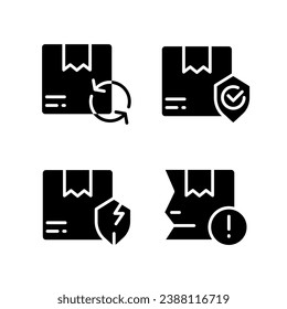 Delivery features and issues black glyph icons set on white space. Parcel damage. Shipment failure. Insecure box. Silhouette symbols. Solid pictogram pack. Vector isolated illustration