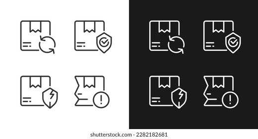 Delivery features and issues pixel perfect white linear icon for dark themes set for dark, light mode. Parcel damage. Thin line symbols for night, day theme. Isolated illustrations. Editable stroke