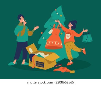 Delivery and fitting of outfits for the holiday. The girl shows the guy a new dress. Happy family in the interior of the apartment. Preparation for the new year. Vector image.